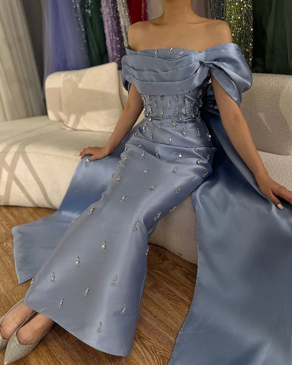 Serene Hill 2025 Arabic Blue Beaded Crystal Ankle-Length Mermaid Satin Evening Dresses Gowns for Women Wedding Party LA72414A - SERENE HILL