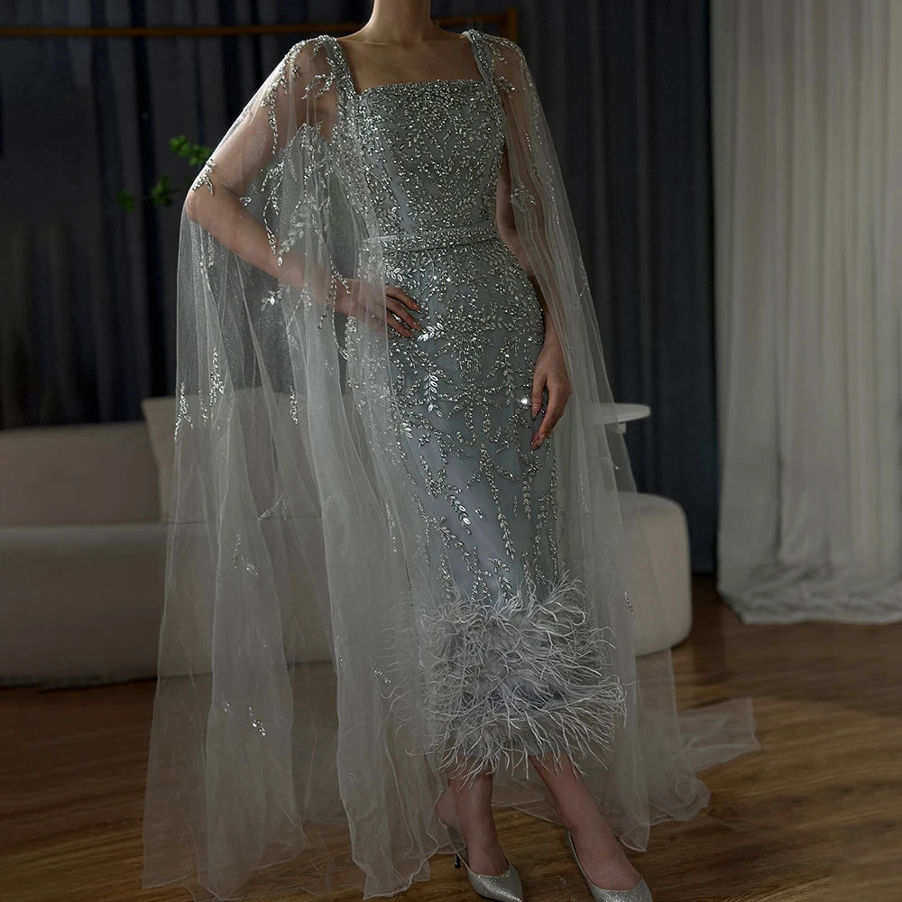 Dubai Luxury Feathers Lilac Evening Dress with Cape Sleeves LA71841 - SERENE HILL
