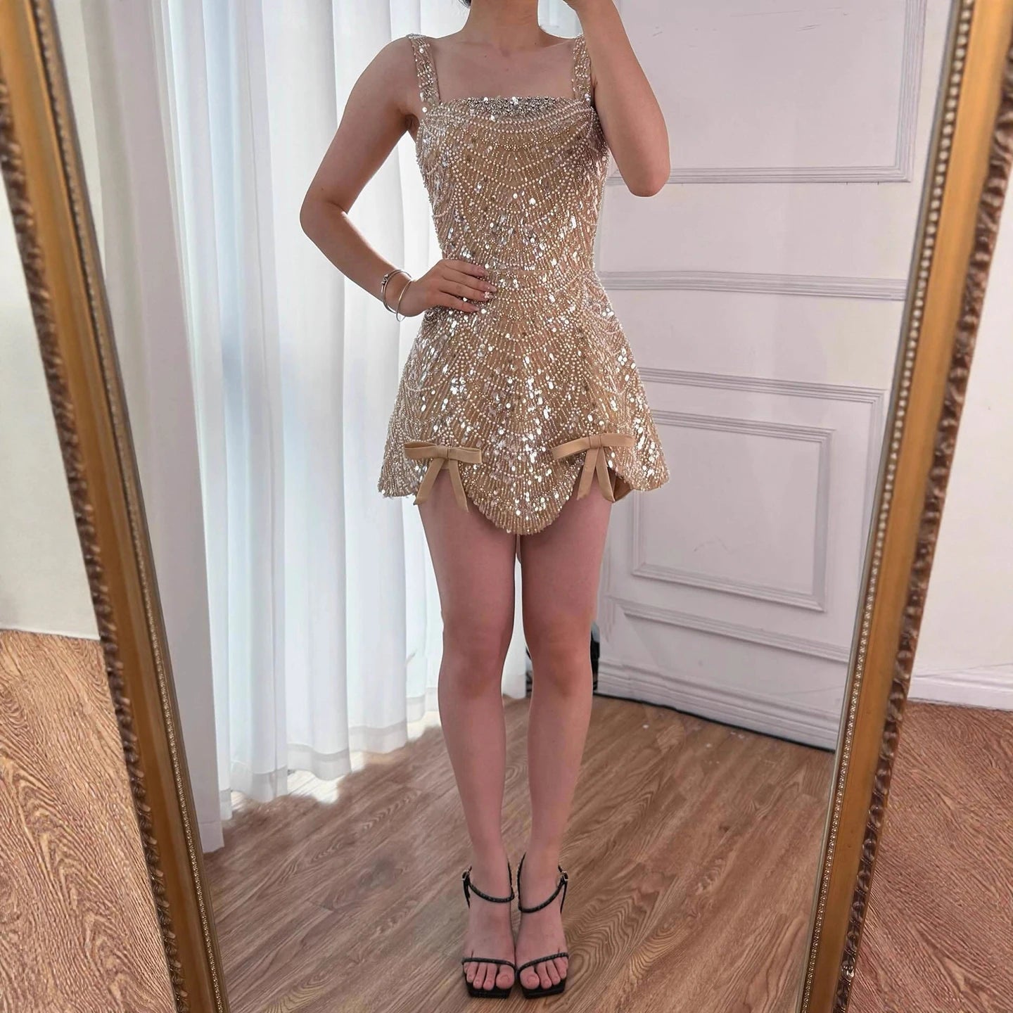 Luxury Nude Pearl Beaded A-Line Mini Evening Dress LA73211 - SERENE HILL