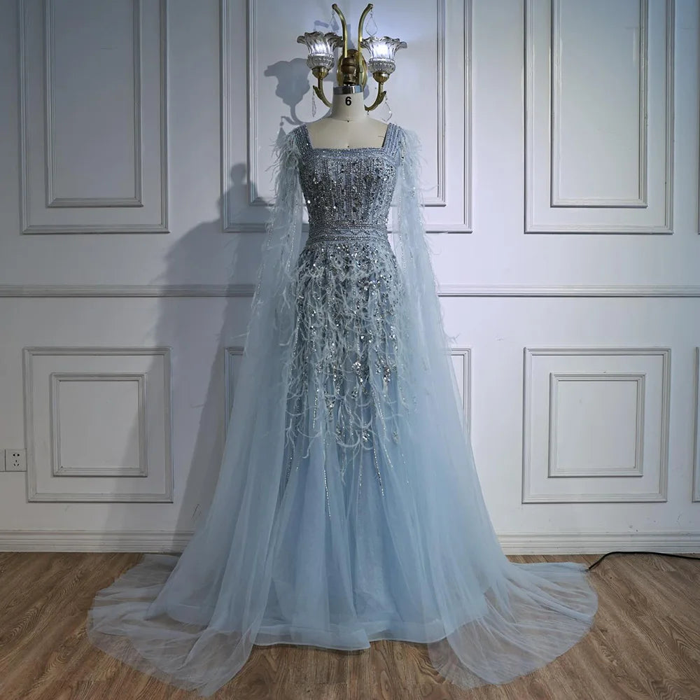 Elegant Blue Beaded Feather A-Line Evening Dress With Cape LA73043 - SERENE HILL