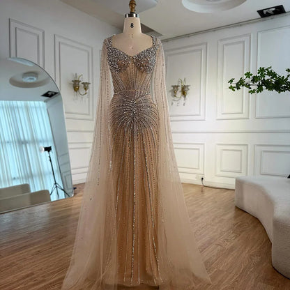 Luxury Nude Beaded Evening Dress with Cape Sleeves LA72575C - SERENE HILL