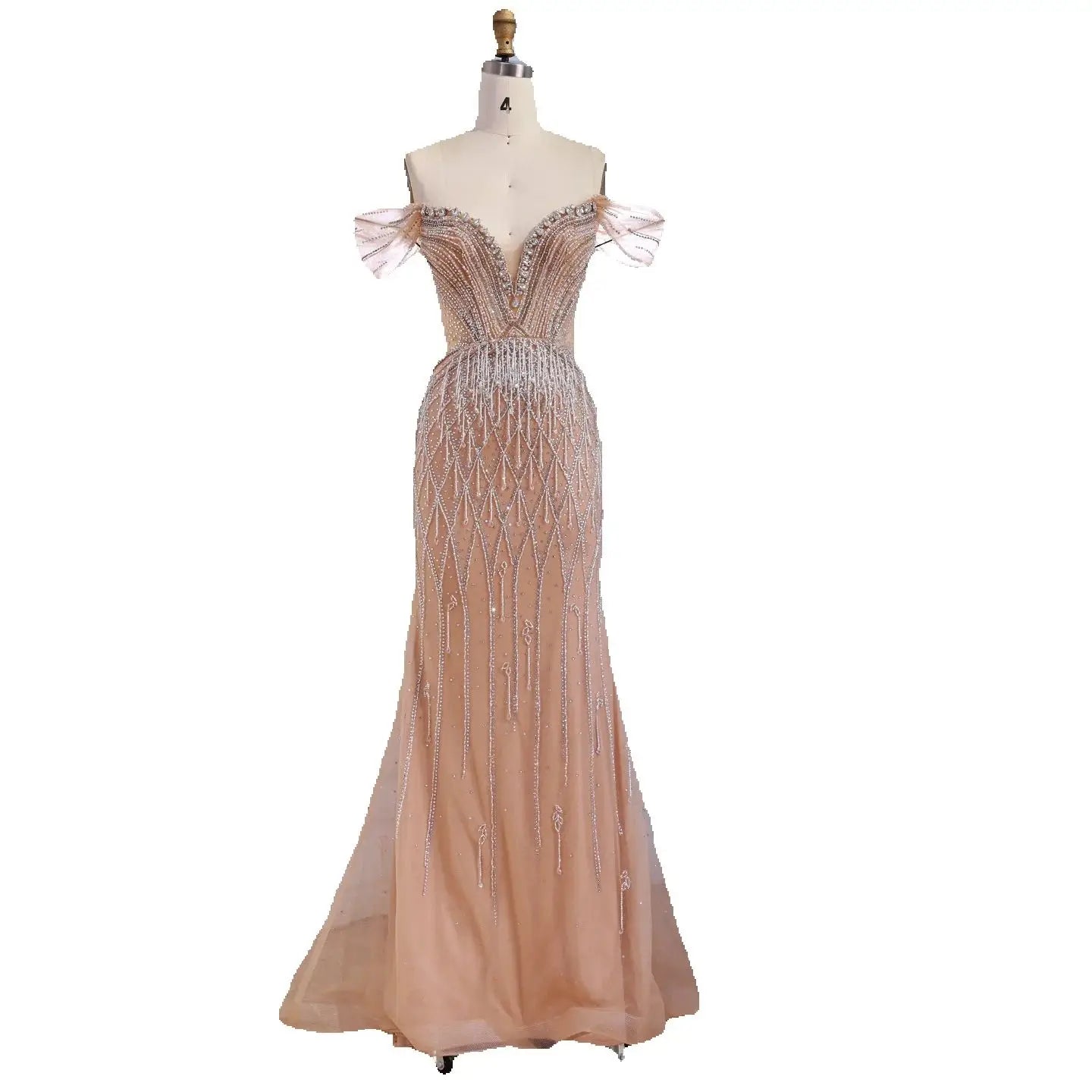 Luxury Nude Off Shoulder Beaded Tassel Evening Dress LA72854A - SERENE HILL