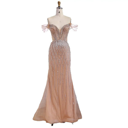 Luxury Nude Off Shoulder Beaded Tassel Evening Dress LA72854A - SERENE HILL