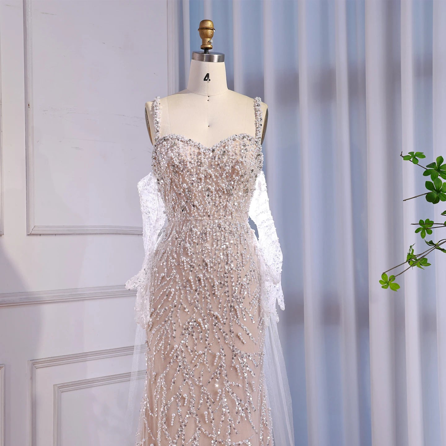 Luxury Lace Pearls Mermaid Evening Dress With Glove White Nude LA72345E - SERENE HILL