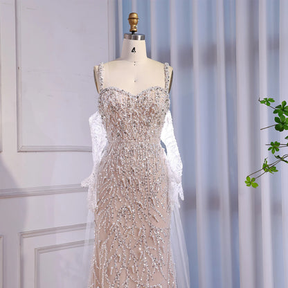 Luxury Lace Pearls Mermaid Evening Dress With Glove White Nude LA72345E - SERENE HILL