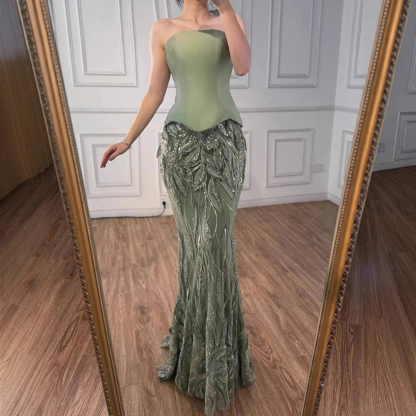 Luxury Sage Green Beaded Mermaid Evening Dress with Cape Collar LA73110 - SERENE HILL