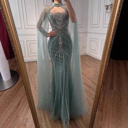 Luxury Dubai Nude Mermaid Evening Dress with Cape Sleeves LA73195 - SERENE HILL