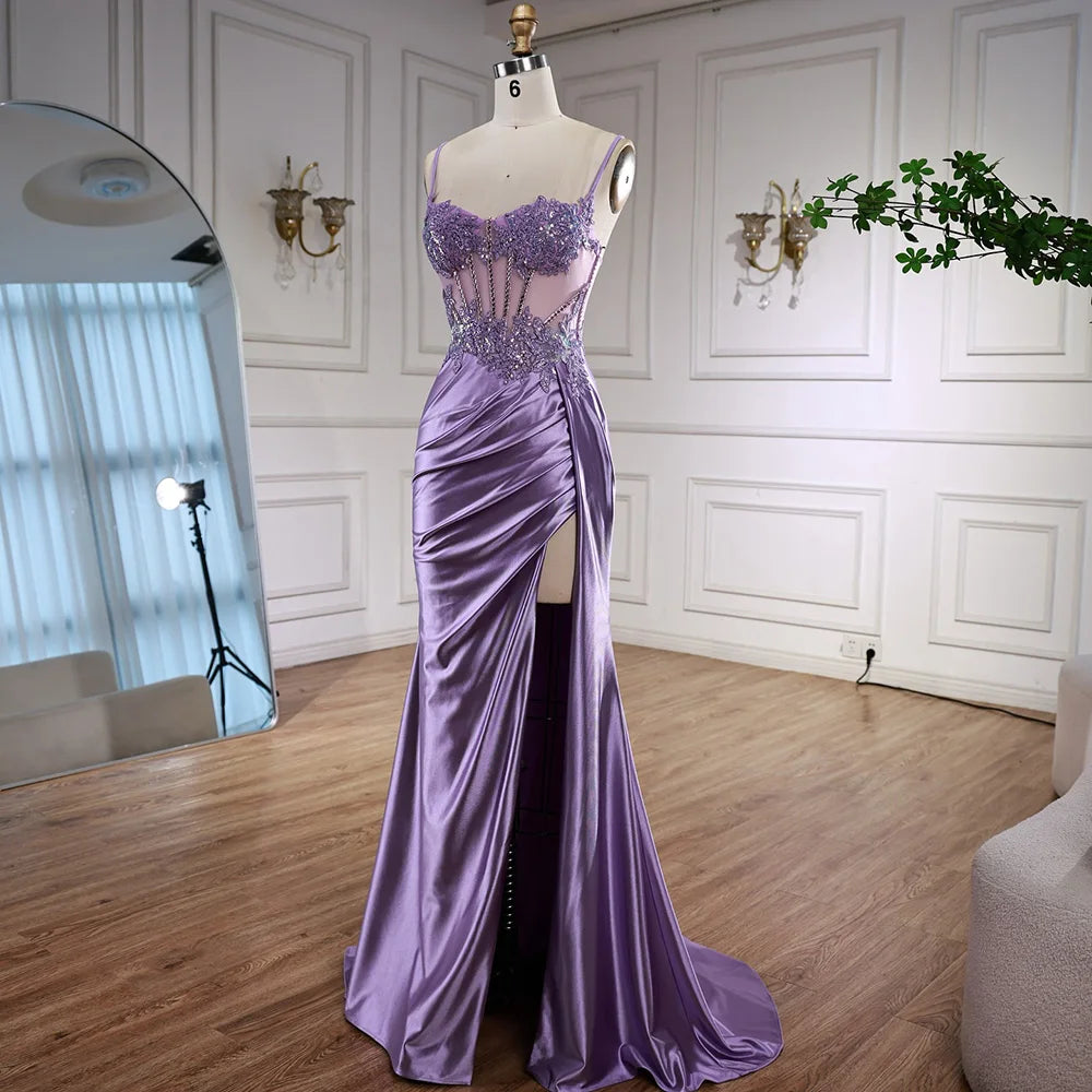 Luxury Mint Green Satin Beaded Prom Dress with Slit Spaghetti Straps SERENE HILL Luxury Mint Green Satin Beaded Prom Dress with Slit Spaghetti Straps SERENE HILL