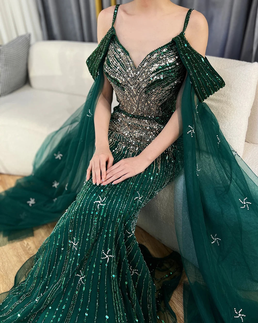 Serene Hill Spaghetti Strap Blue Mermaid Beaded Luxury Evening Dress with Cape Sleeves for Formal Occasion Saudi LA72707 - SERENE HILL