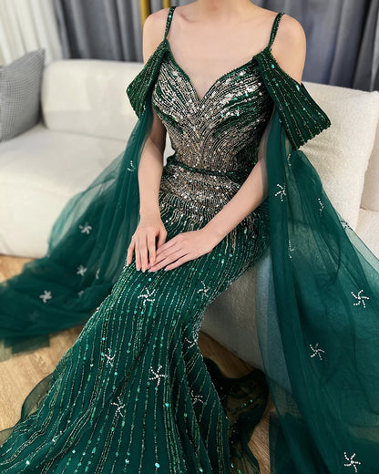 Serene Hill Spaghetti Strap Blue Mermaid Beaded Luxury Evening Dress with Cape Sleeves for Formal Occasion Saudi LA72707 - SERENE HILL