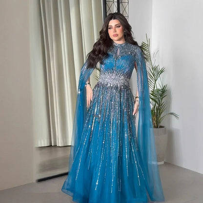 Luxury Modest Blue Beaded Evening Dress with Cape LA73059 - SERENE HILL