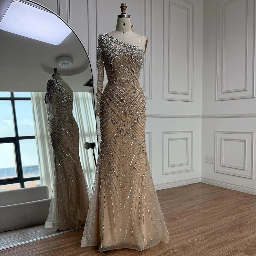 Luxury Nude One Shoulder Long Sleeve Beaded Evening Dress LA73180 - SERENE HILL