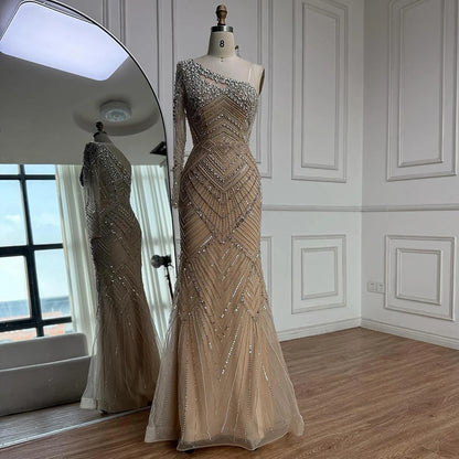 Luxury Nude One Shoulder Long Sleeve Beaded Evening Dress LA73180 - SERENE HILL