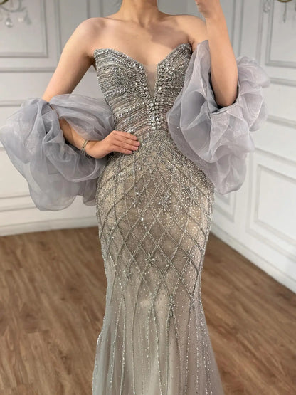 Serene Hill Beaded Gray Diamond Evening Dress With Cape LA73411 - SERENE HILL