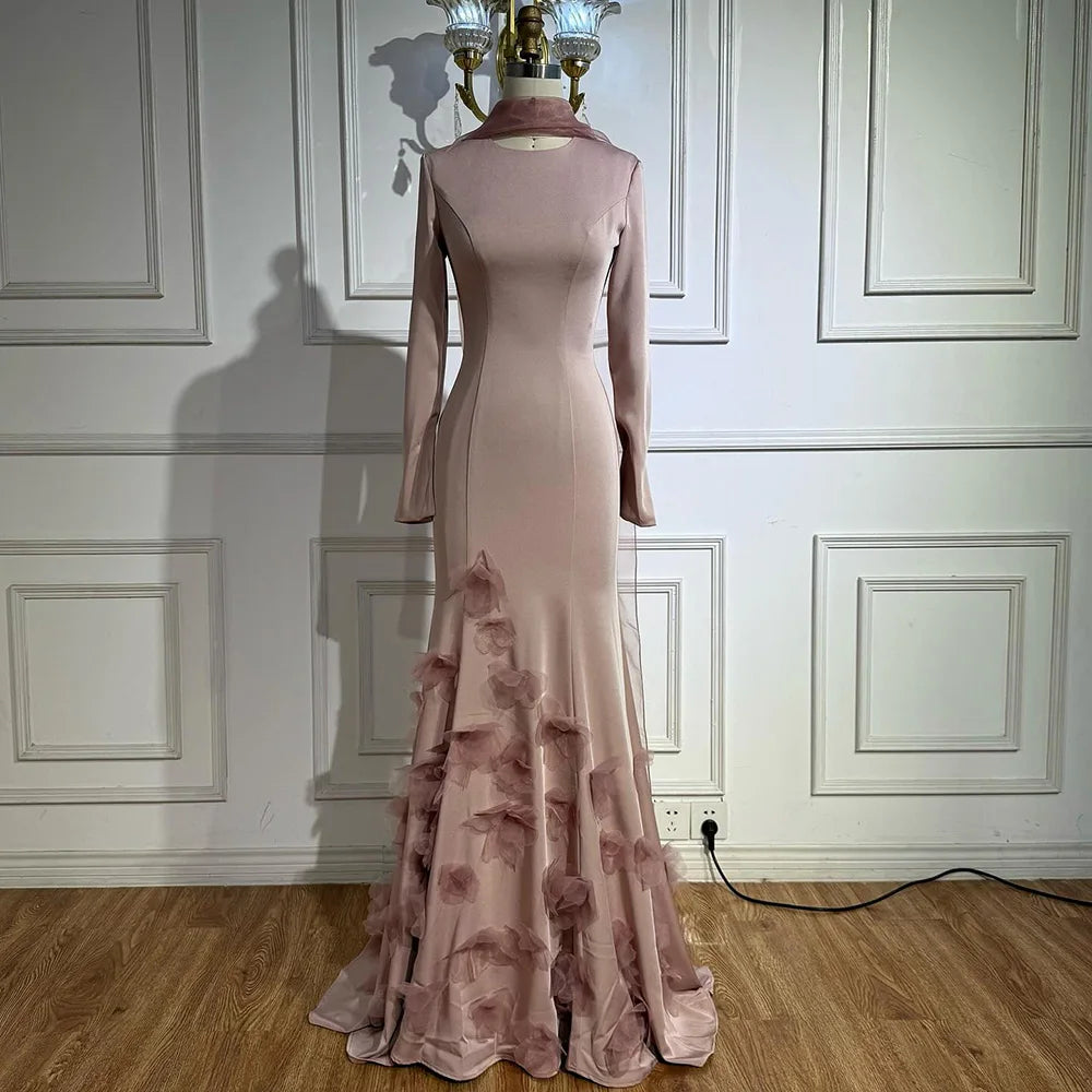 Luxury Pink 3D Flower Evening Dress Long Sleeves LA72954 - SERENE HILL