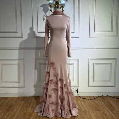 Luxury Pink 3D Flower Evening Dress Long Sleeves LA72954 - SERENE HILL