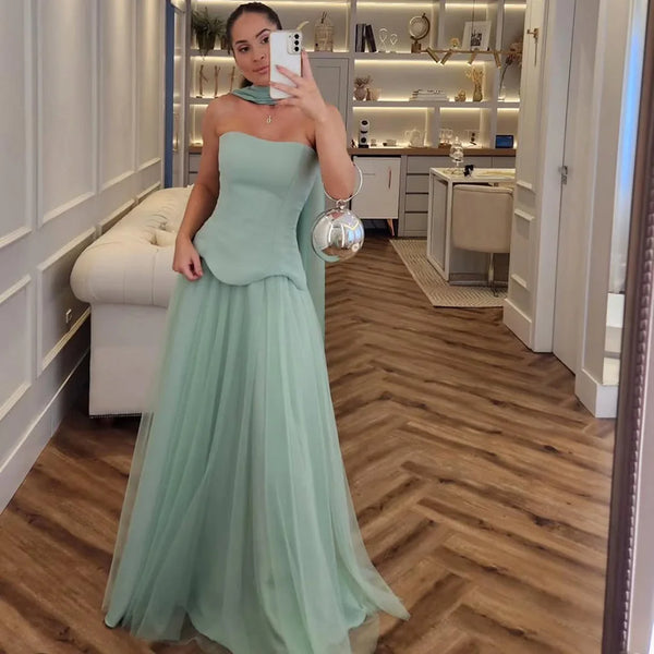 Elegant Turquoise Chiffon A-Line Evening Dress LA73012