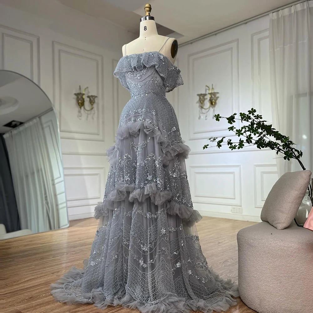 Luxury Dubai Arabic Gray A-Line Off-The-Shoulder Beaded Luxury Saudi Evening Gown for Formal Occasion LA72762 - SERENE HILL