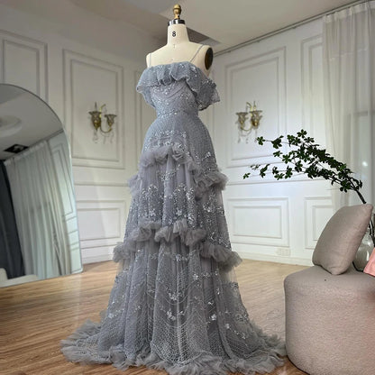 Luxury Dubai Arabic Gray A-Line Off-The-Shoulder Beaded Luxury Saudi Evening Gown for Formal Occasion LA72762 - SERENE HILL