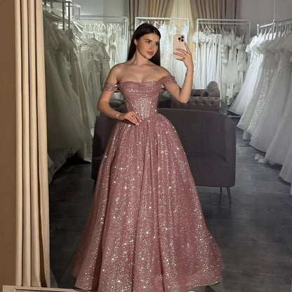 Luxury Pink Sequin Off Shoulder Evening Dress Ball Gown LA73456 - SERENE HILL