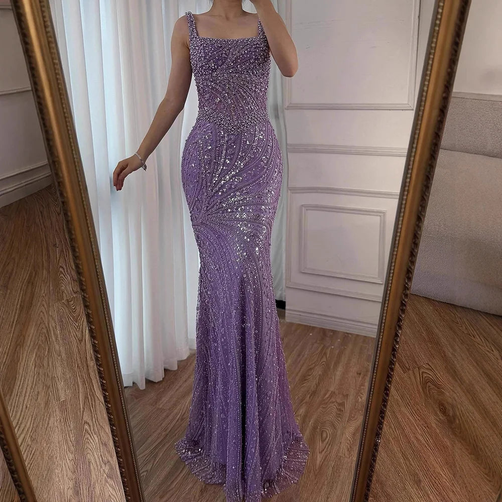 Luxury White Nude Pearl Beaded Mermaid Evening Dress LA72266 - SERENE HILL