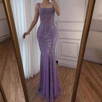 Luxury White Nude Pearl Beaded Mermaid Evening Dress LA72266 - SERENE HILL