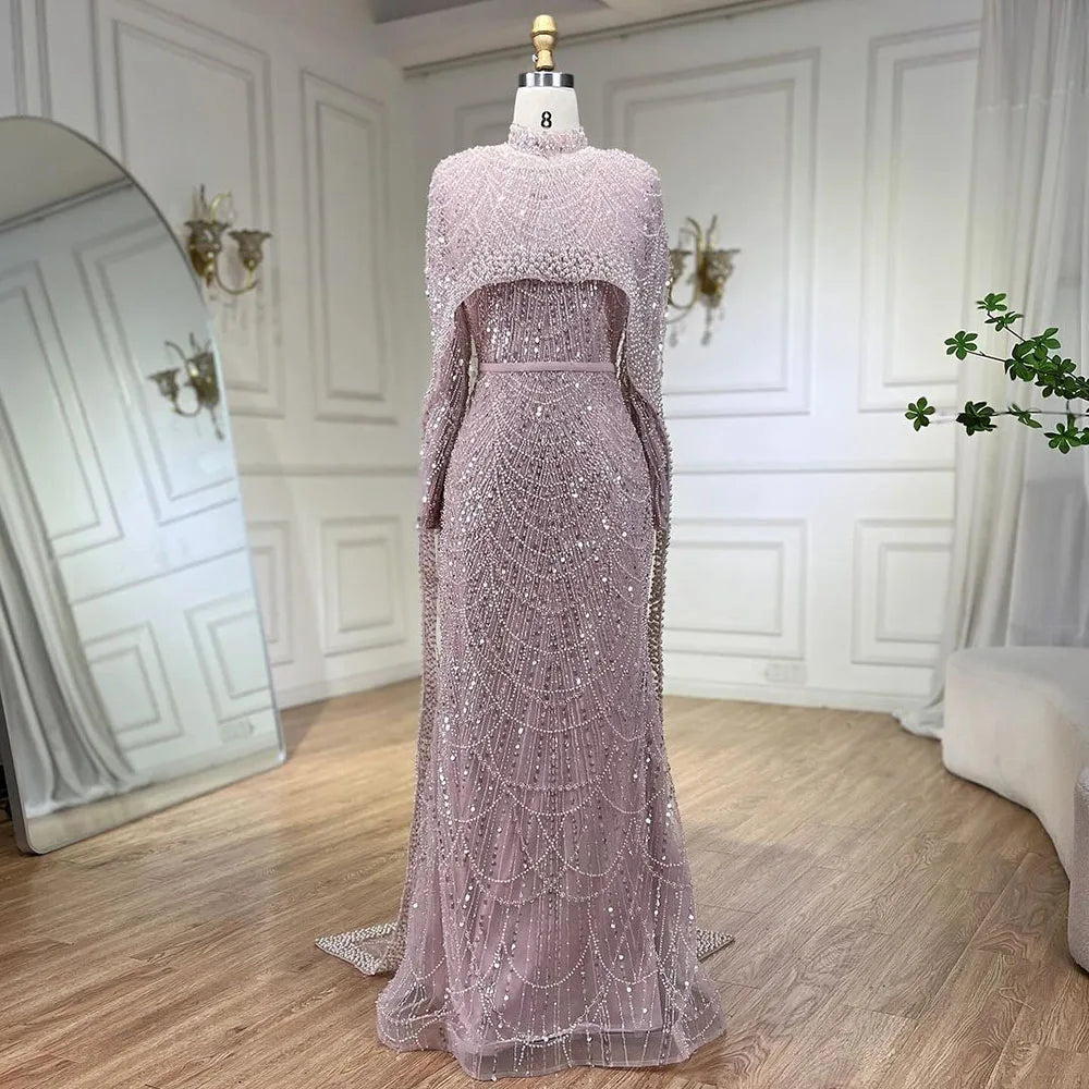 Luxury Nude Mermaid Evening Dress with Cape Dubai Arabic Style LA72032M - SERENE HILL