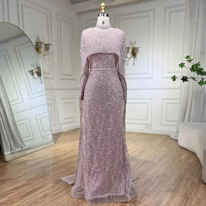Luxury Nude Mermaid Evening Dress with Cape Dubai Arabic Style LA72032M - SERENE HILL
