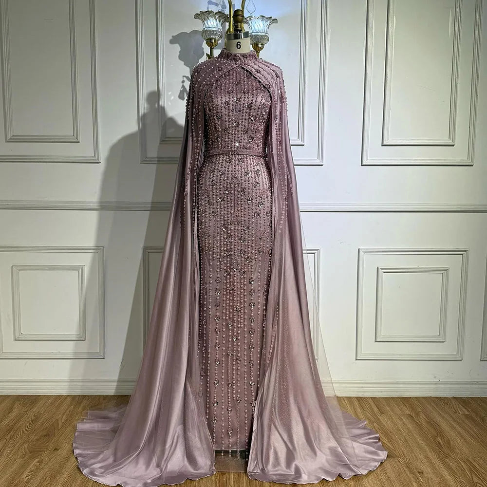 Modest Blue Muslim Beaded Evening Gown with Cape Sleeves LA72533 - SERENE HILL
