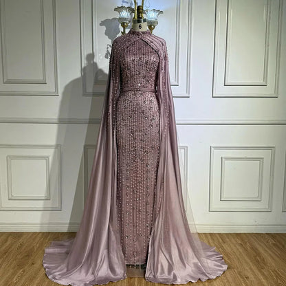 Modest Blue Muslim Beaded Evening Gown with Cape Sleeves LA72533 - SERENE HILL
