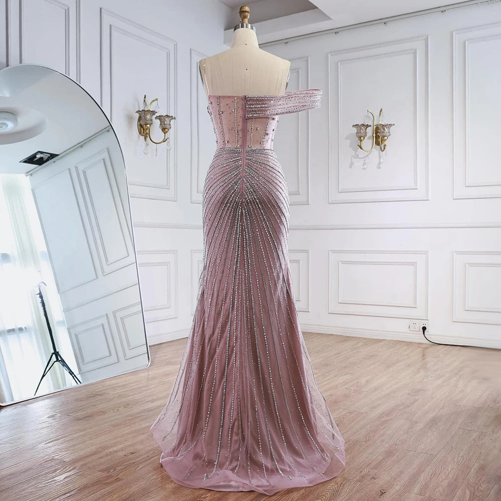 Luxury Pink Crystal One Shoulder Beaded Evening Dress Split LA73197 - SERENE HILL