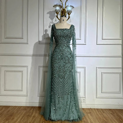 Arabic Caramel Beaded Mermaid Evening Dress with Cape Sleeves LA72400A - SERENE HILL