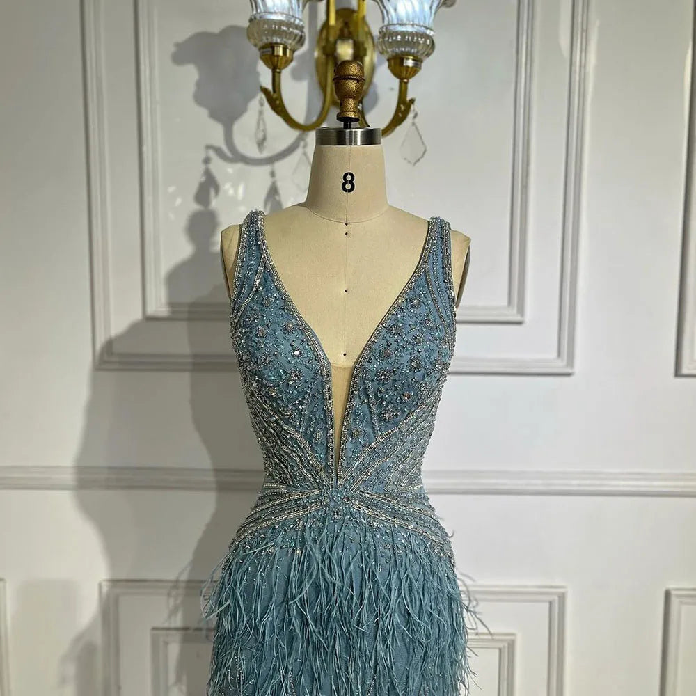 Serene Hill Gold Sexy High Split Mermaid Evening Dresses Gowns Backless Luxury Beaded Feather 2025 For Women Party LA71583 - SERENE HILL