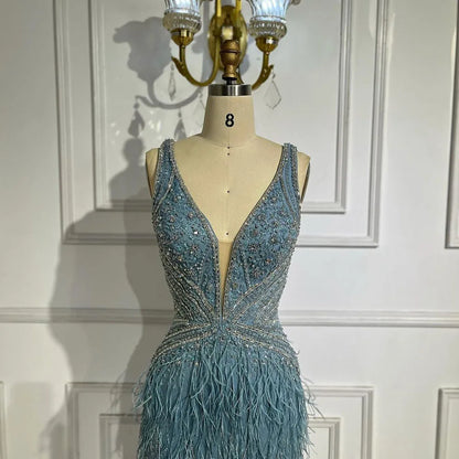 Serene Hill Gold Sexy High Split Mermaid Evening Dresses Gowns Backless Luxury Beaded Feather 2025 For Women Party LA71583 - SERENE HILL