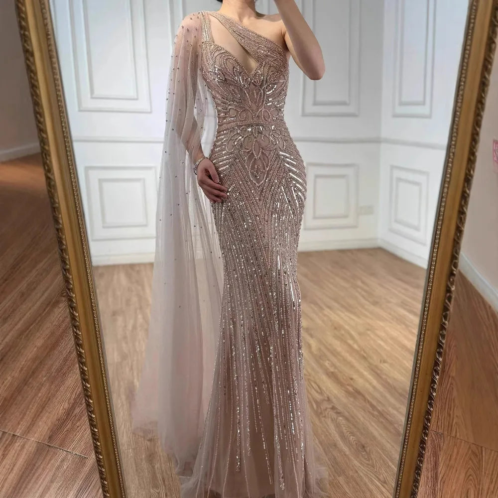 Luxury Caramel Beaded Mermaid Evening Dress with One Shoulder Cape LA73085 - SERENE HILL