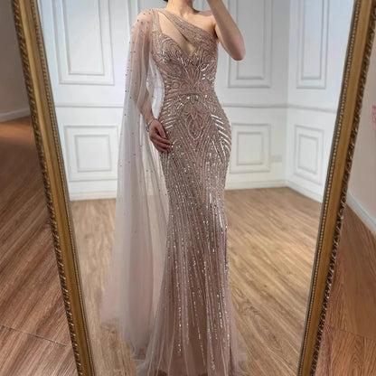 Luxury Caramel Beaded Mermaid Evening Dress with One Shoulder Cape LA73085 - SERENE HILL