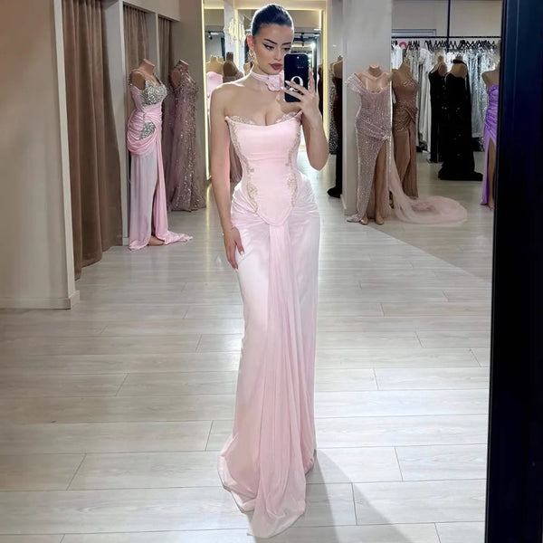 Pink Strapless Draped Satin Evening Dress with Rose Neck LA72946
