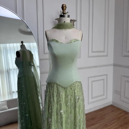 Luxury Sage Green and Pink Arabic Beaded Evening Dress LA72805D - SERENE HILL