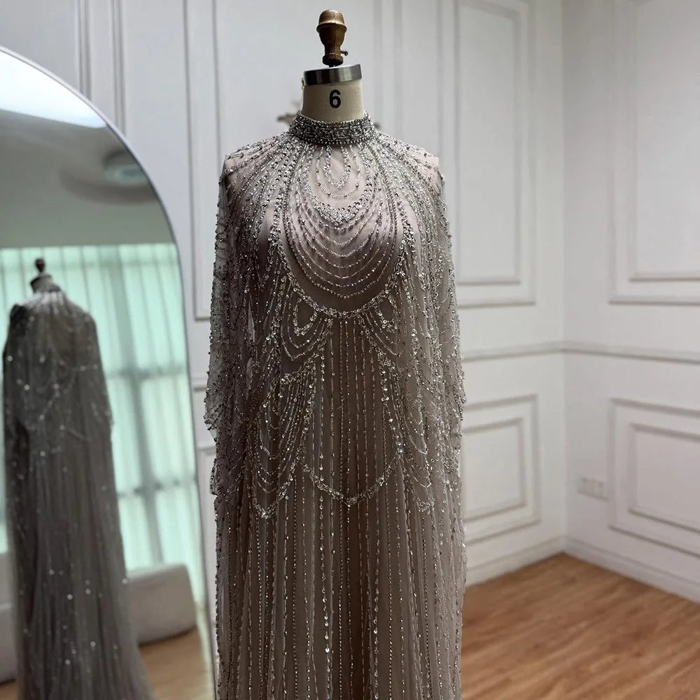 Luxury Silver Nude Beaded Mermaid Evening Dress with Cape LA72484A - SERENE HILL