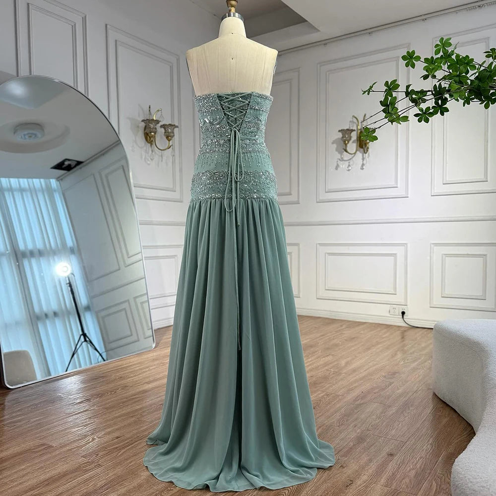 Luxury Sage Green A-Line Evening Dress with Cape LA73044A - SERENE HILL