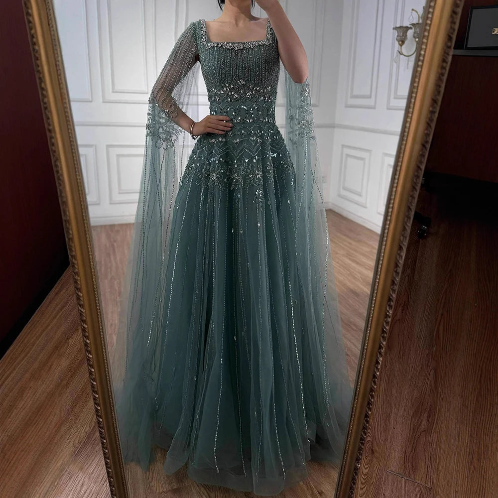 Luxury Caramel A-Line Beaded Evening Dress with Cape Sleeves LA73089A - SERENE HILL