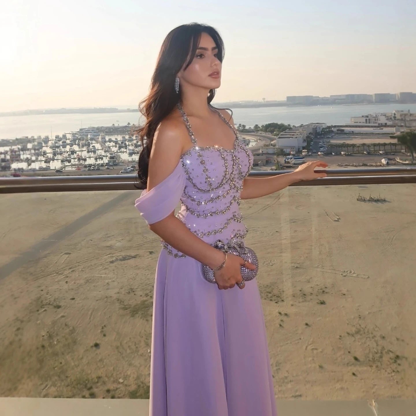 Luxury Arabic Lilac Chiffon Beaded A-Line Evening Dress LA73327 - SERENE HILL