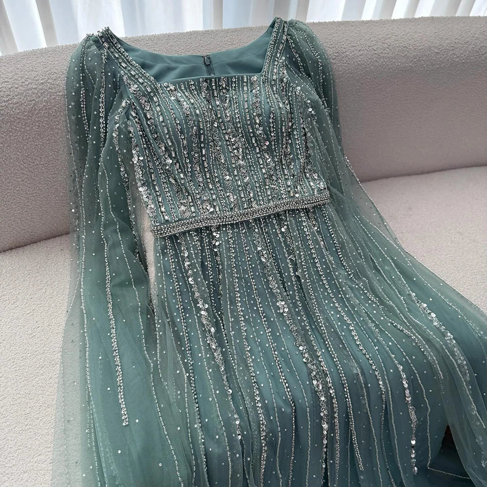 Luxury Dubai Square Neck Beaded Evening Gown with Cape LA73188 - SERENE HILL