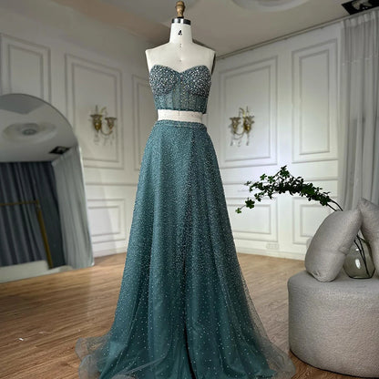 Luxury Dubai Customize Saudi Turquoise Two-Piece Evening Dress with High Split for Formal Occasion LA72786 - SERENE HILL