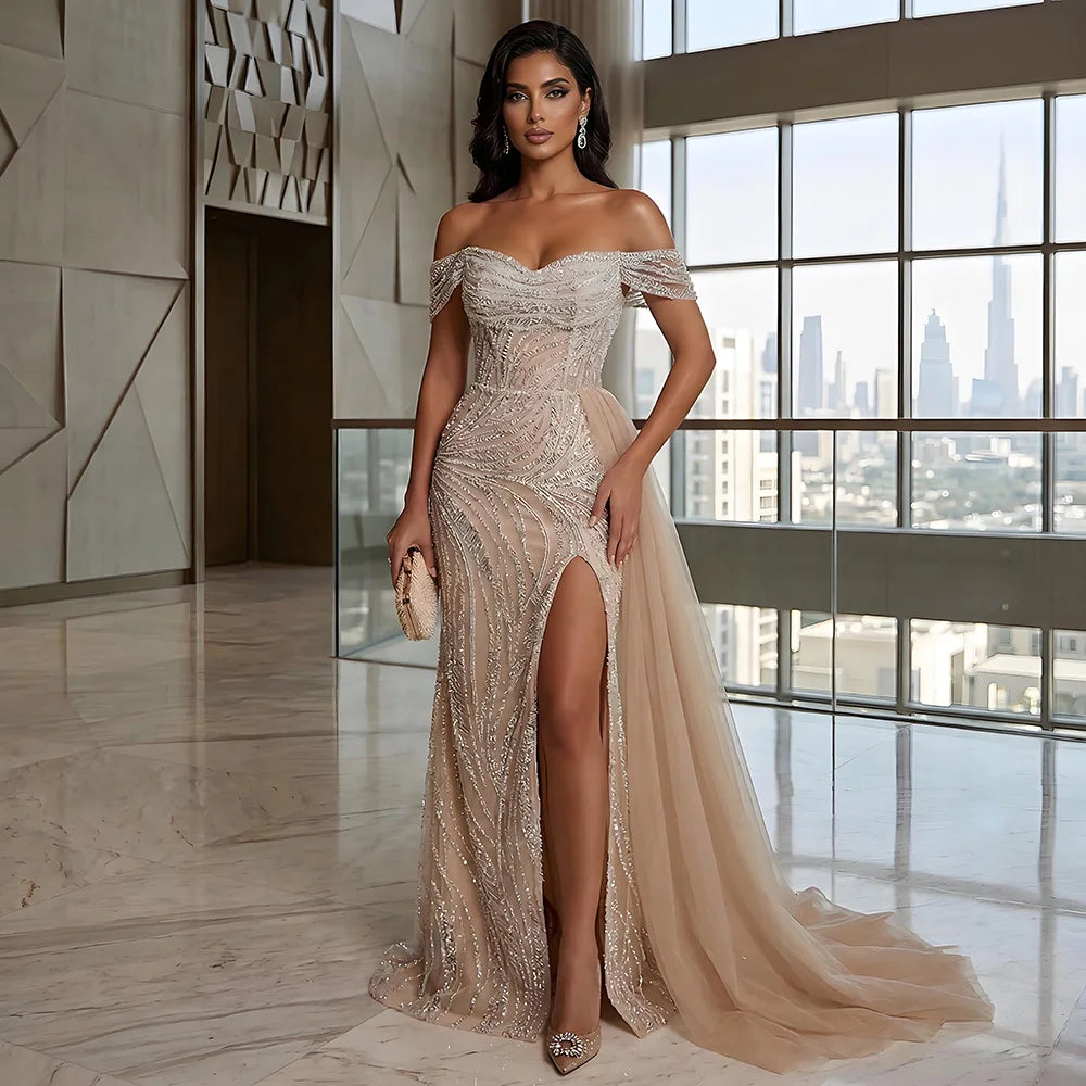 White Arabic Nude Beaded High Split Mermaid Evening Dresses Gowns For Women Wedding Party LA72266B - SERENE  HILL