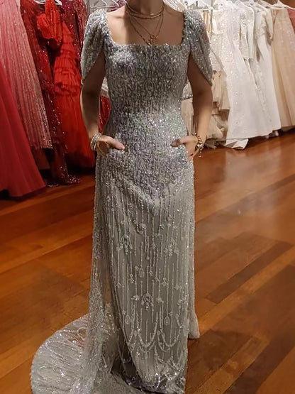 Luxury Turkish Grey Beaded Mermaid Evening Dress With Cape LA73357 - SERENE HILL