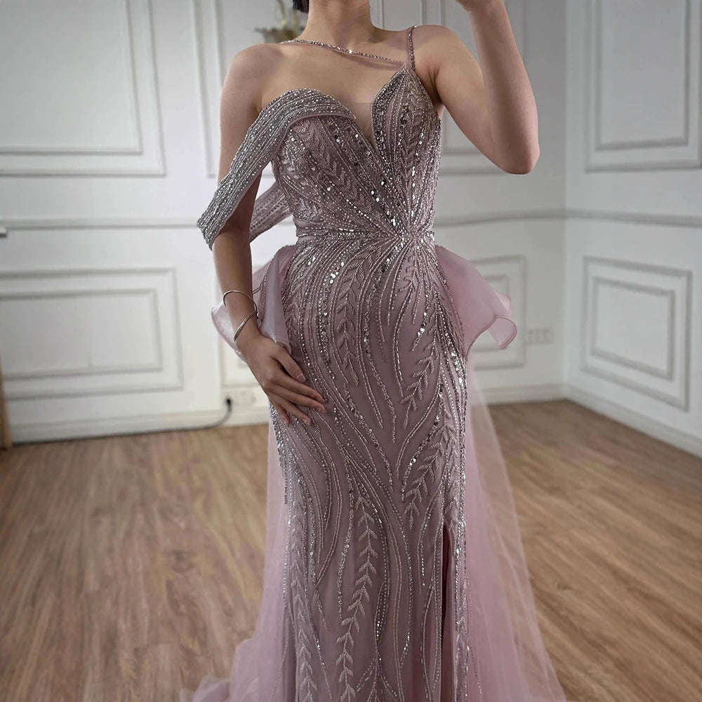 Luxury Nude Beaded Mermaid Evening Gown with Overskirt Split LA72890 - SERENE HILL