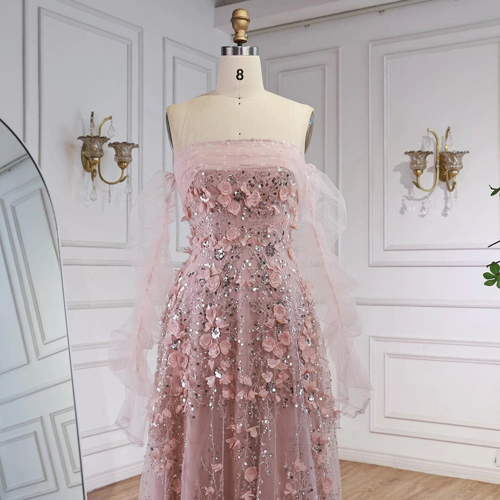 Elegant Pink 3D Flowers Evening Dress with Gloves LA72912 - SERENE HILL