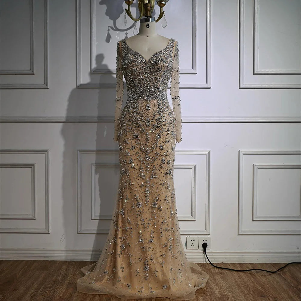 Luxury Nude Beaded Crystal Evening Dress with Long Sleeves LA73042 - SERENE HILL
