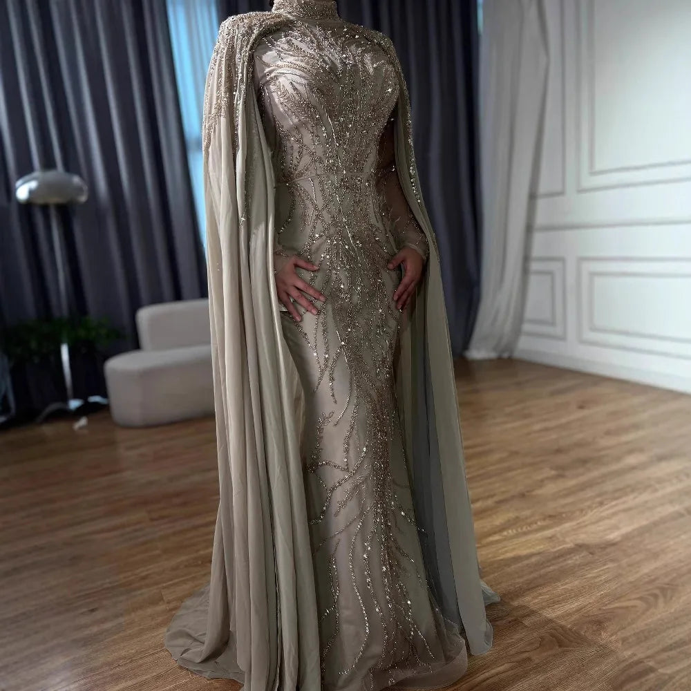 Modest Muslim Sage Green Evening Dress with Cape Long Sleeves LA72413A - SERENE HILL